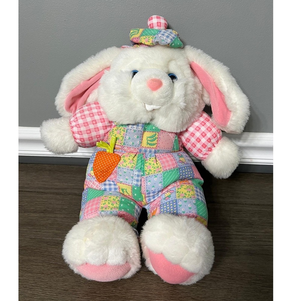 Vintage Patchwork Bunny Rabbit Plush Toy Pastel Overalls Carrot Easter Decor‎